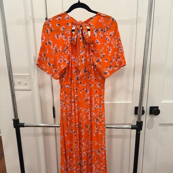 Whistles Vibrant Orange Floral Print Midi Dress, Size 2 - Picture 5 of 11